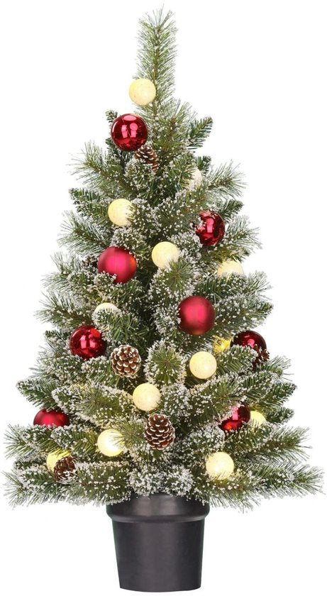 Black Box Trees Kaprun Kunstkerstboom met Verlichting - Kunst Kerstboom H90 x Ø51 cm - in Pot met Versiering - Groen, Rood, Frosted