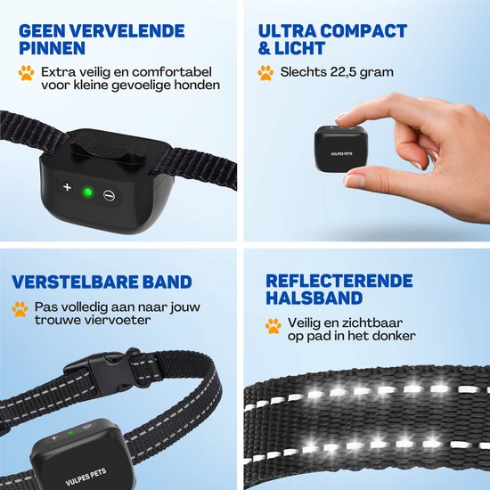 Vulpes Goods® Anti Blafband Mini Vulpes Goods® Anti Blafband Mini - Opvoedingshalsband Zonder Schok - Anti Blaf Apparaat voor Kleine Honden - Waterdicht - Oplaadbaar - Vibratie en Audio