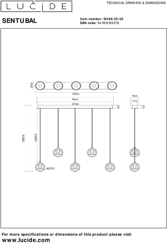 Lucide SENTUBAL - Hanglamp - LED Dimbaar - 5x5,3W 2700K - Zwart