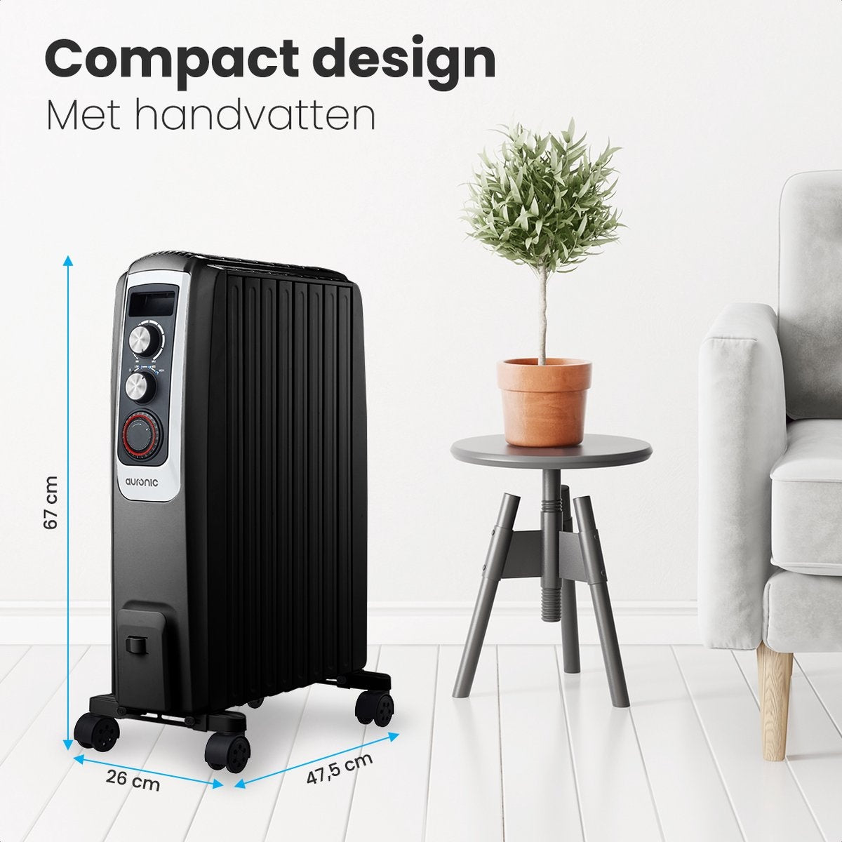 Auronic Elektrische Kachel – Olieradiator Met Thermostaat En Timer – 2000W – Compact En Mobiel – 47,5 x 26 x 67 cm – Zwart