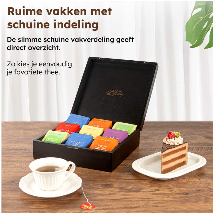 Nimma – Luxe Theedoos – 9 Compartimenten – Zwart Bamboe – Met Magneetsluiting & Compact Ontwerp – Thee Organizer – Stijlvol & Duurzaam