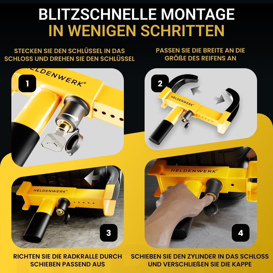 Heldenwerk Parkklauw Wielklem - voor 18-30cm bandbreedte - 10x10x10mm - Zwart/Geel