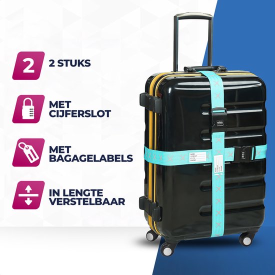 Roegaarden kofferriem met cijferslot - Bagageriem - Kofferslot - Inclusief kofferlabel - Blauw - 2 stuks