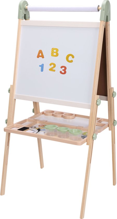 Sunny Luna Activiteiten Ezel – Verstelbare Houten Kinder Ezeltje – Speelezel met Whiteboard & Krijtbord – Magnetisch Bord – Inclusief Papierrol, Bekers & Accessoires – Educatief Speelgoed