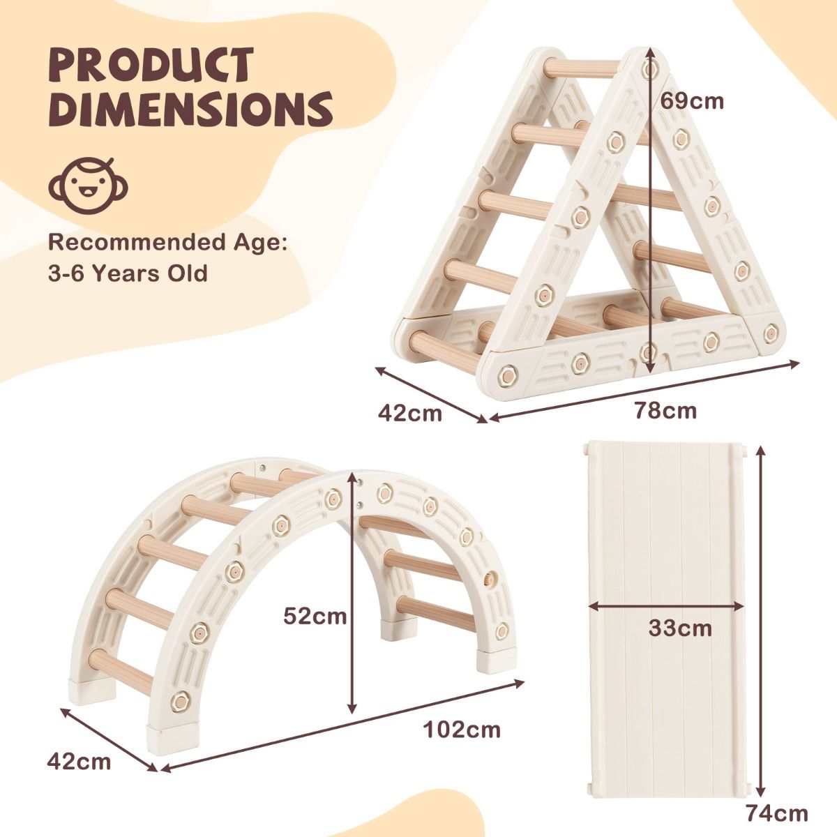 Coast Montessori klimset voor kinderen - 5-in-1 houten klimrek met boog en dubbelzijdige ladder - beige en koffie