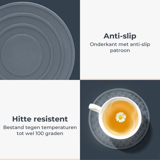 Castagnola Siliconen Onderzetters – Onderzetters voor Glazen – Design Onderzetters met Houder – Onderzettersset – Anti Slip - Set van 6 – Grijs