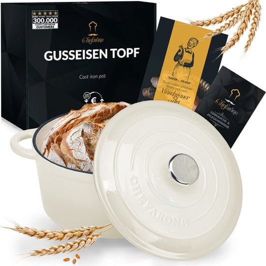 Chefarone Gietijzeren Pan 3.5L - PFAS vrij - Braadpan Inclusief Deksel - Geschikt Voor Alle Warmtebronnen - Geëmailleerd Creme Wit