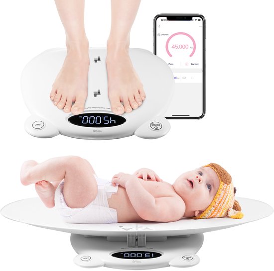 Babyweegschaal - met Weegplateau - Digitale Weegschaal - met Tarra Functie en App - 50g tot 200KG - Wit - van Faas
