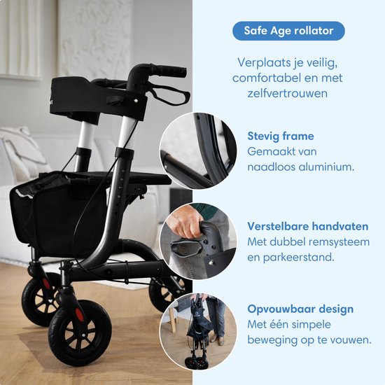SafeLife® Rollator lichtgewicht en opvouwbaar - zitfunctie - voor binnen en buiten - Rugleuning en wandelstok houder - Zwart