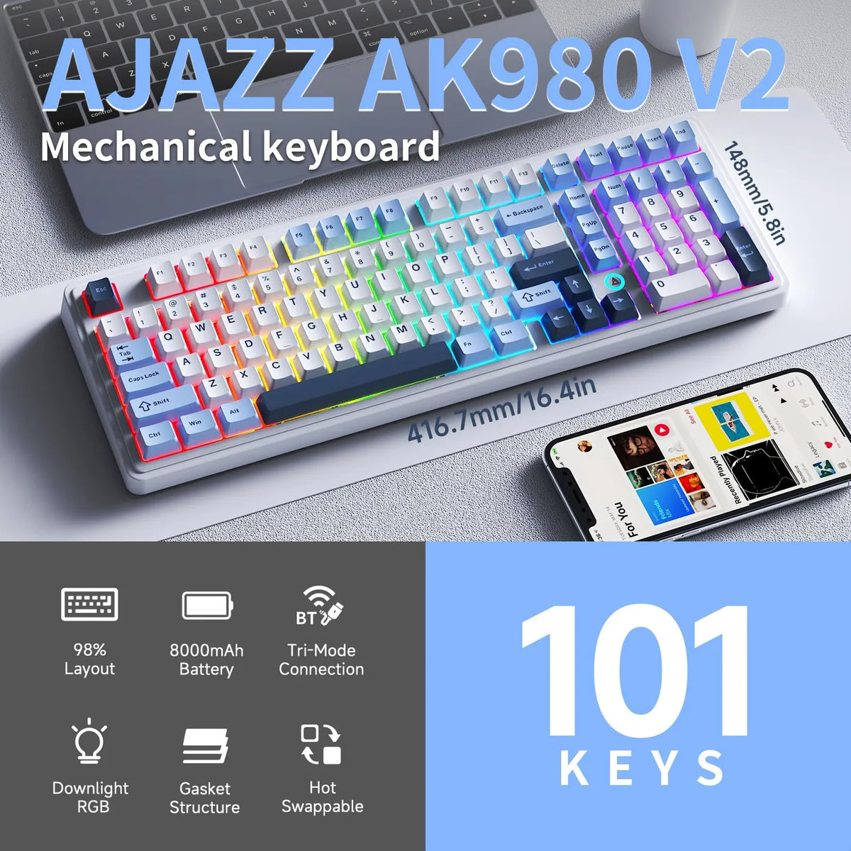 Ajazz AK980 V2 Draadloos Mechanisch Toetsenbord - Hot-Swap - 98 Toetsen
