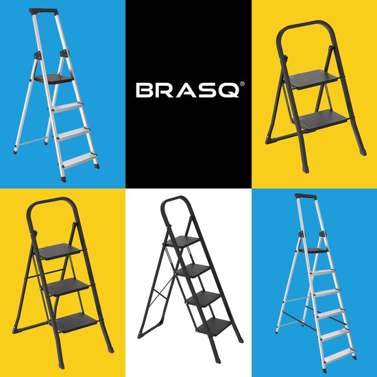 BRASQ Huishoudtrap 4-treden Zwart - keukentrap inklapbaar metaal voor Particulier en professioneel gebruik - Trap Ladder - Anti slip