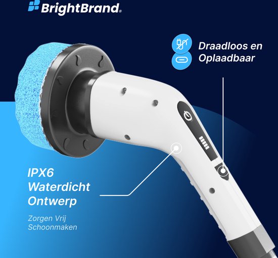 Brightbrand PowerScrub Pro - Elektrische schoonmaakborstel - Schrobborstel - Voor Badkamer en Keuken - Reiniger - Schrobber Met Steel – Luiwagen – Polijstmachine - poetsmachine met 10 opzetstukken