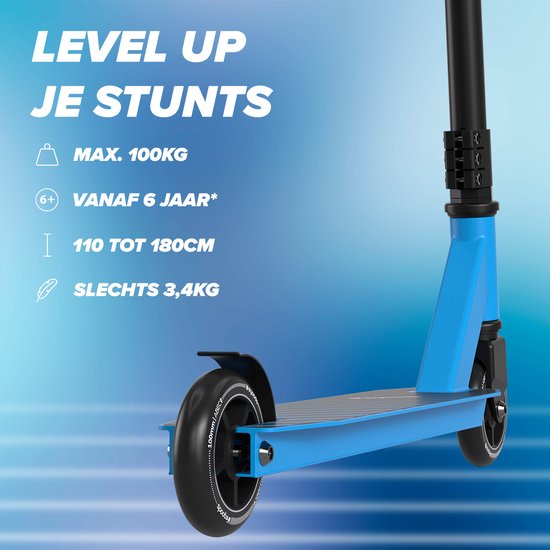 LifeGoods Stuntstep Fly Pro - 6+ Jaar - Step voor Kinderen - Jongens/Meisjes - 100mm - 100KG - Zwart/Blauw