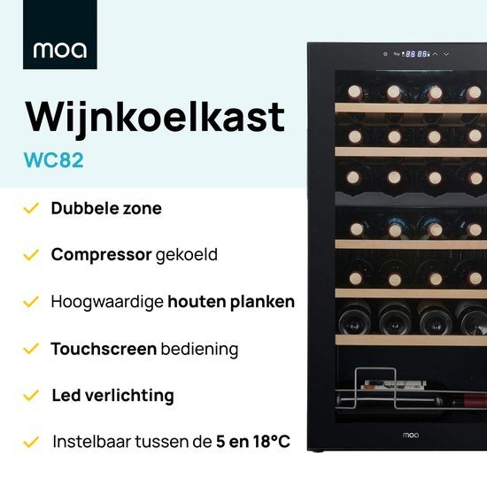MOA Wijnkoelkast – Dubbele Zone & Houten Planken – 85W – 43 x 45 x 84 cm – Zwart