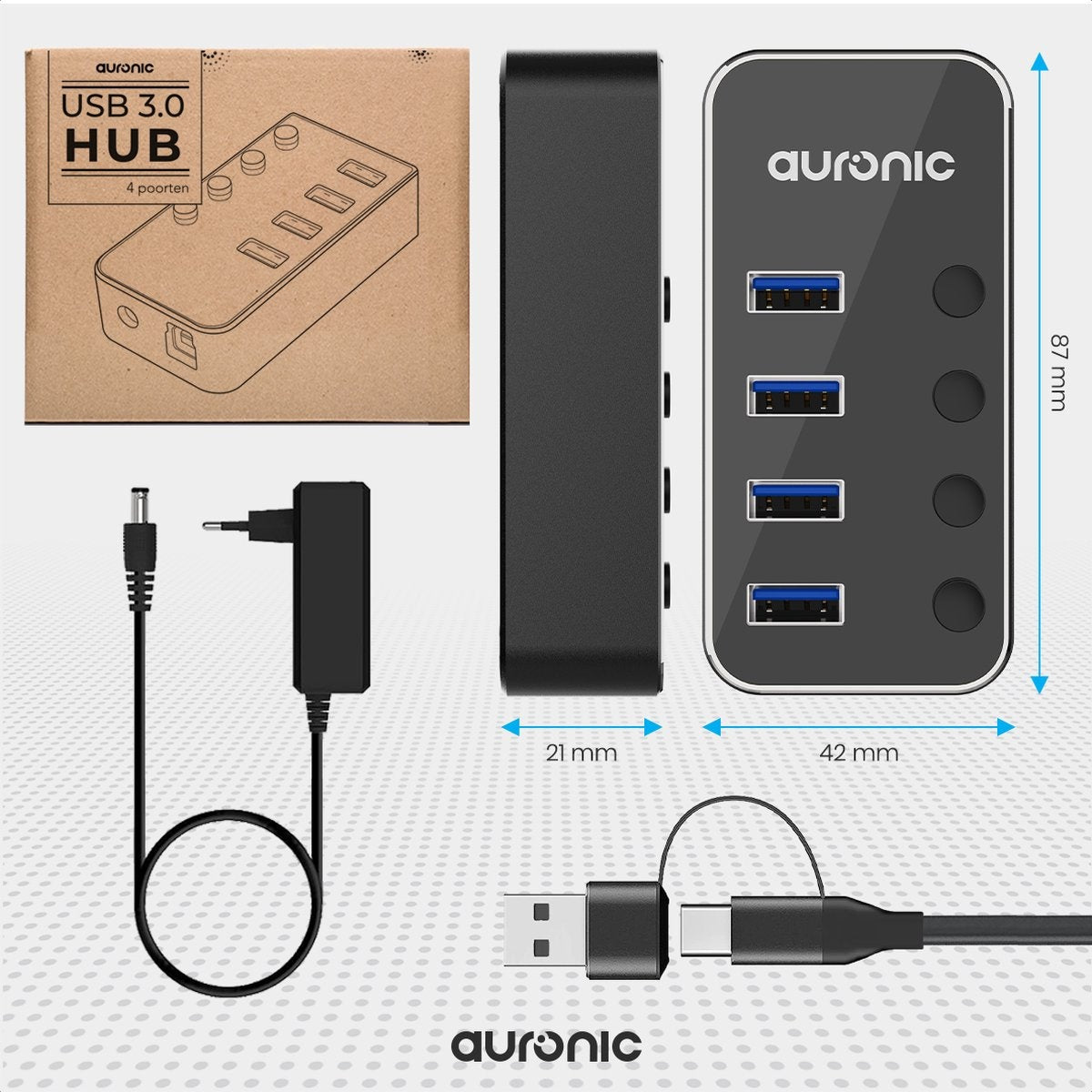 Auronic USB Hub 3.0 - USB Splitter met 4 Poorten - met Voeding - 5 GBPs - Led Indicatie - Zwart