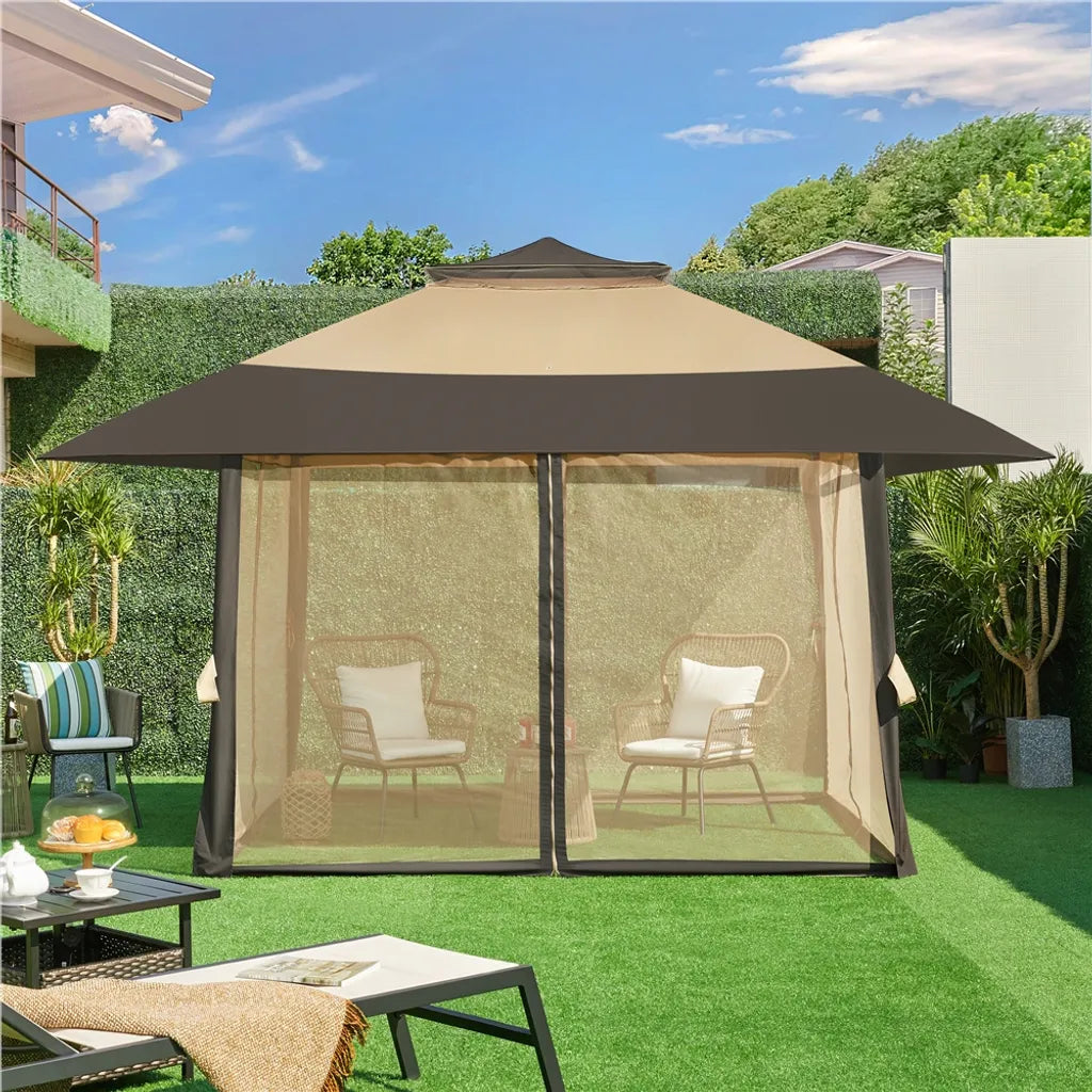 Yaheetech Partytent - 4 x 4 m - Inklapbaar - Tuinpaviljoen - Gaaswanden - Verstelbaar - 271-291 cm - Khaki/Bruin