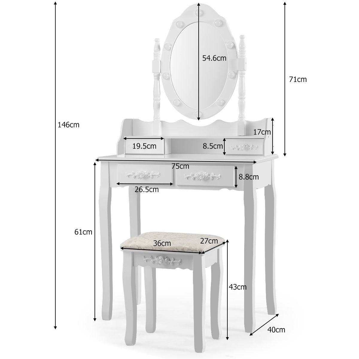 Coast Klassieke Kaptafel met Krukje - LED Lampen - Make up Tafel - 75 x 40 x 146cm - Wit