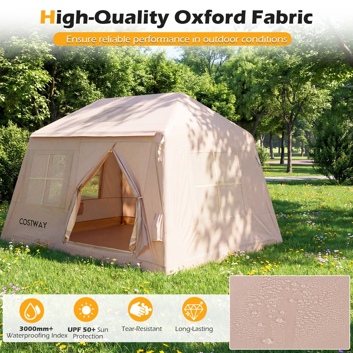 Coast Opblaasbare Campingtent - geschikt voor 4-6 personen - snel op te zetten - khaki 253 x 213 x 183 cm