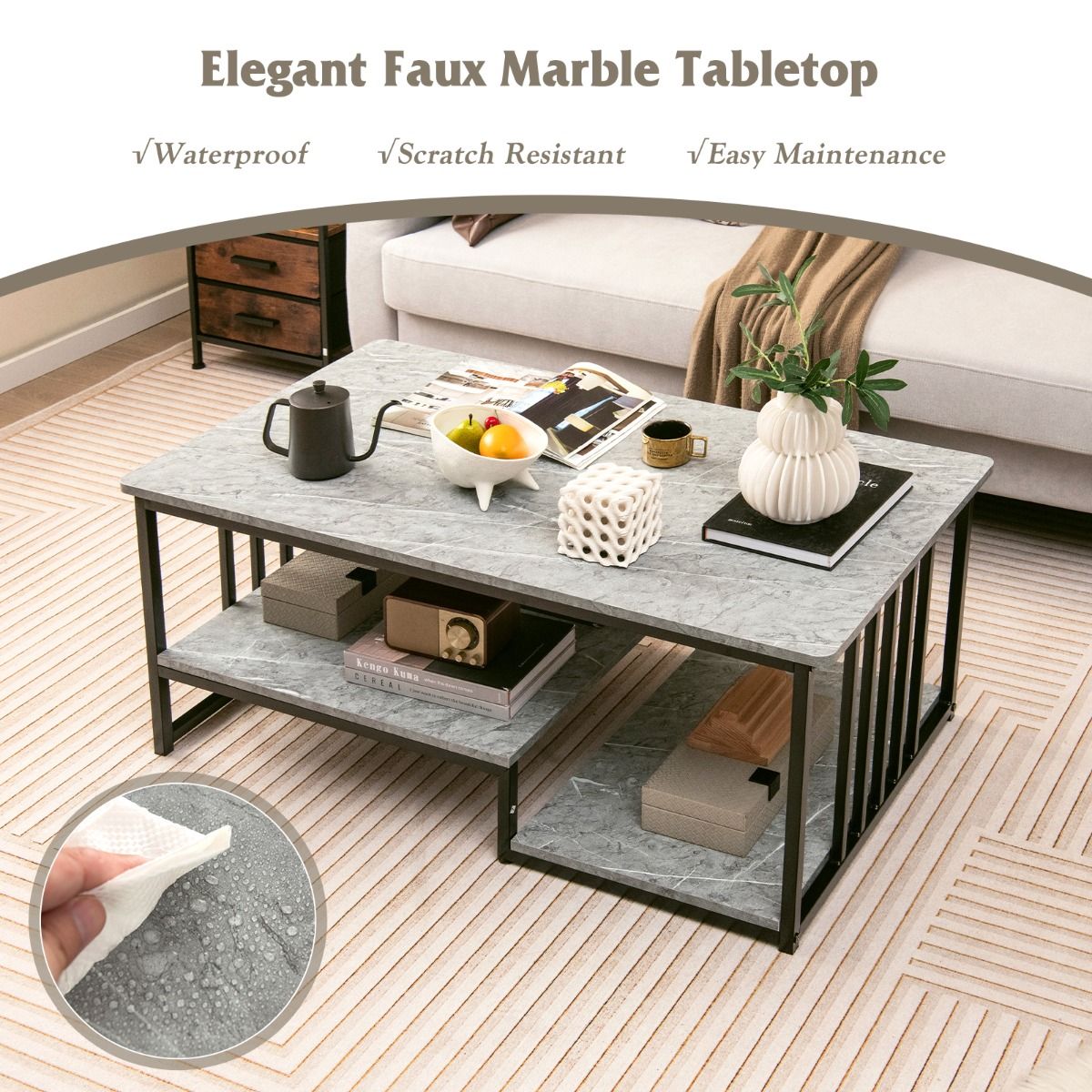 Coast Salontafel - 2-Laags - Marmerlook - Max. 50 kg - 110 x 60 x 45 cm - Grijs / Zwart