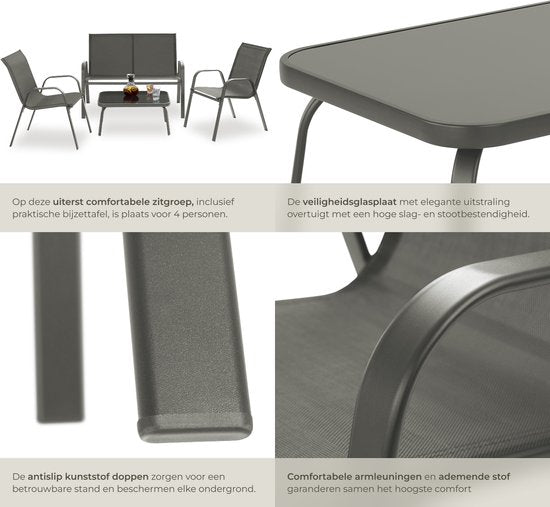 tectake® Tuinset Nora - Moderne Zitgroep voor 4 Personen - Loungeset met Tuinbank en 2 Tuinstoelen van Ademend, Waterafstotend Textileen-Weefsel - Balkonset Met Bijzettafel - Luxe Tuinmeubelset - Antraciet
