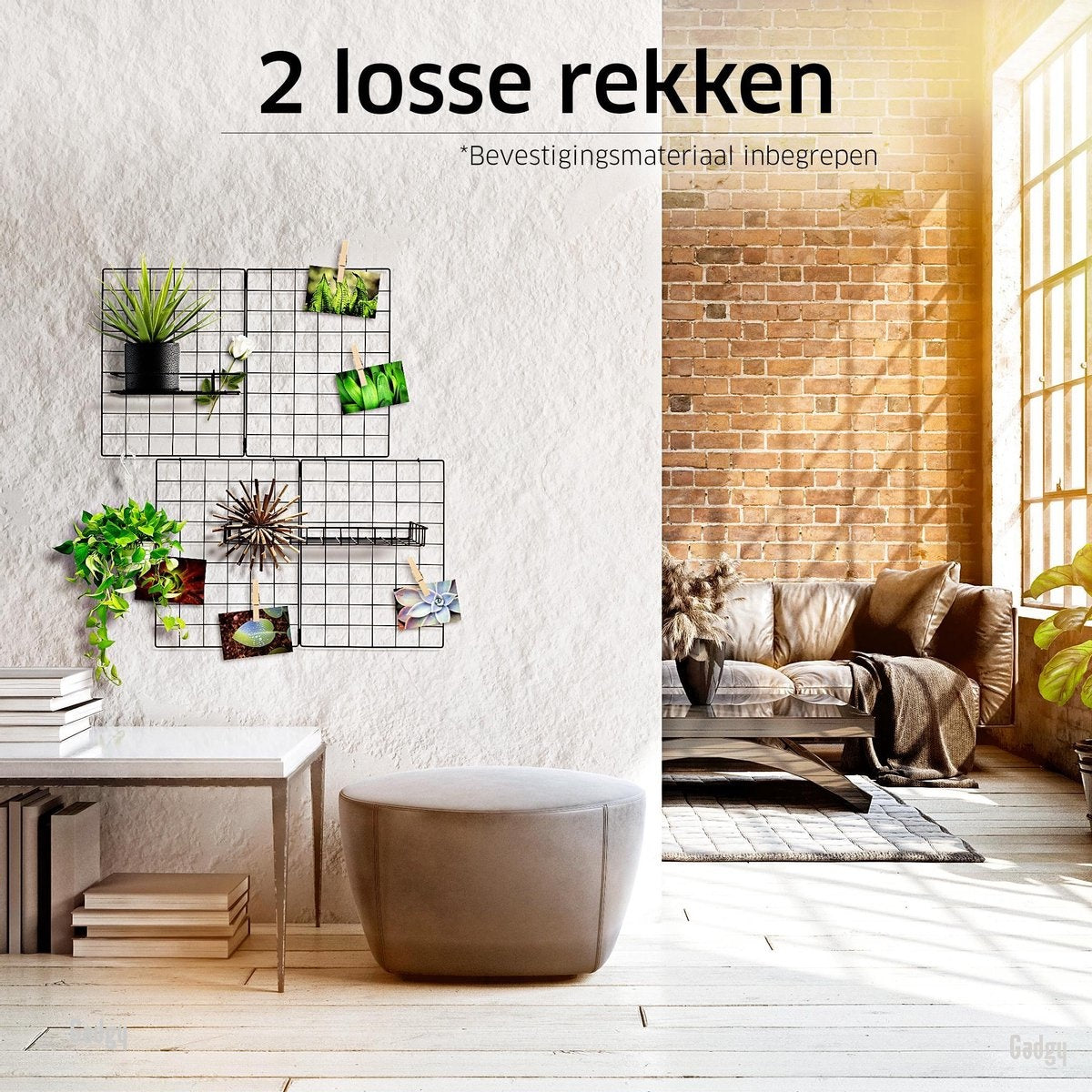 Gadgy opvouwbare wandplank in industriële stijl - zwart, met 2 planken, 6 S-haken en 10 knijpers