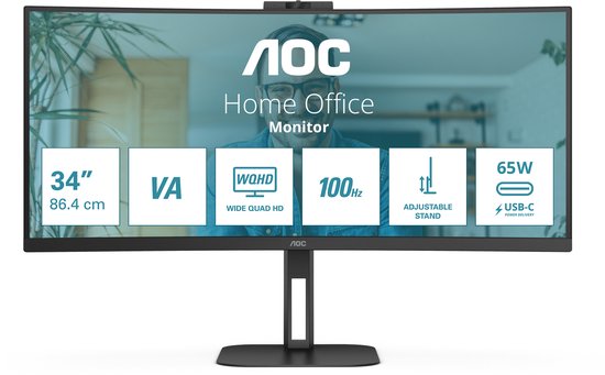 AOC V5 CU34V5CW - QHD Gebogen Ultrawide Monitor - USB-C - 65w - Webcam - 34 inch