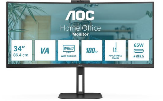AOC V5 CU34V5CW - QHD Gebogen Ultrawide Monitor - USB-C - 65w - Webcam - 34 inch