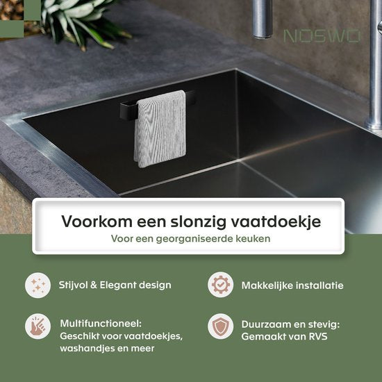 Noswo Vaatdoekhouder - Gootsteen Organizer - Aanrecht & Keuken - RVS - Zwart