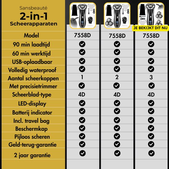 2-in-1 Scheerapparaat Mannen met Trimmer S1111 + 2 Extra Scheerkoppen - Sansbeauté® - Nat & Droog – Precisietrimmer - Elektrisch - Electric Shaver - Waterproof