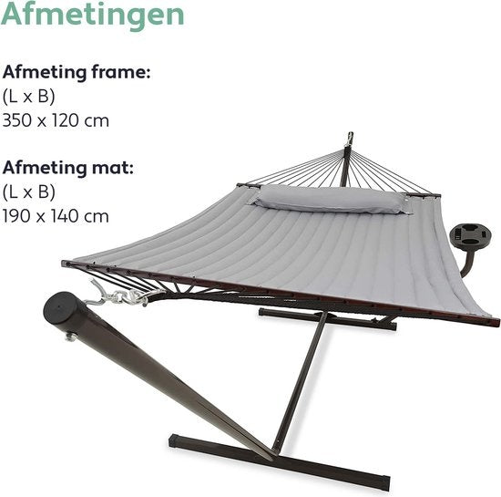 Vita5 Hangmat met Standaard en Spreidstok – 2 Persoons – incl. Bekerhouder - Afneembaar kussen – uv-bestendig – Lichtgrijs