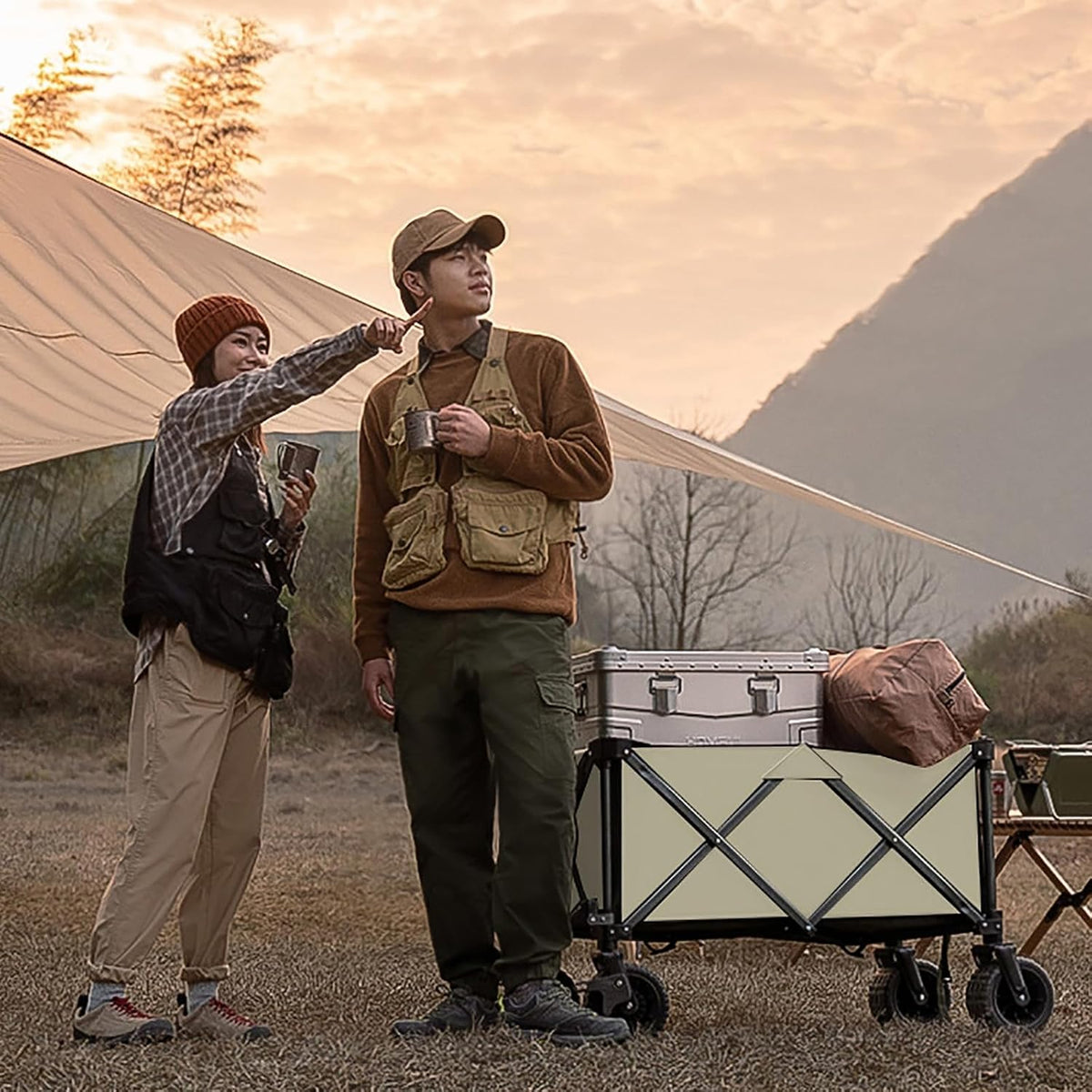 Beige Opvouwbare Bolderkar 150 L - 150 kg - All-Terrain Wielen - Verstelbaar Handvat