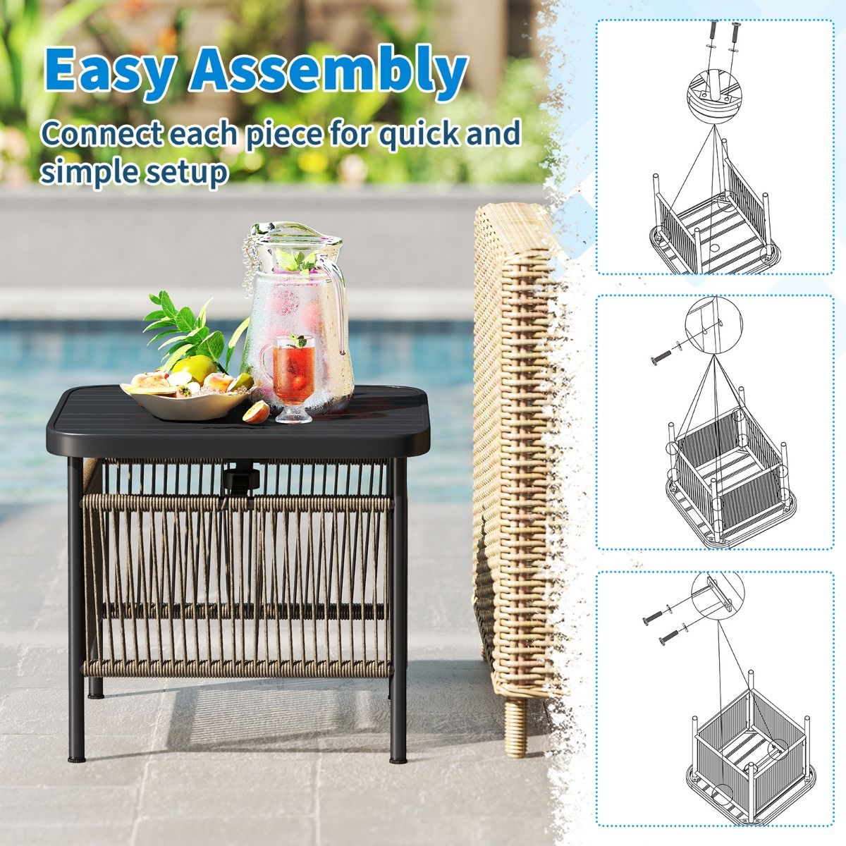 Coast Bijzettafel voor buiten - weerbestendig rattan - met parasolgat - zwart - 56 x 56 x 49 cm