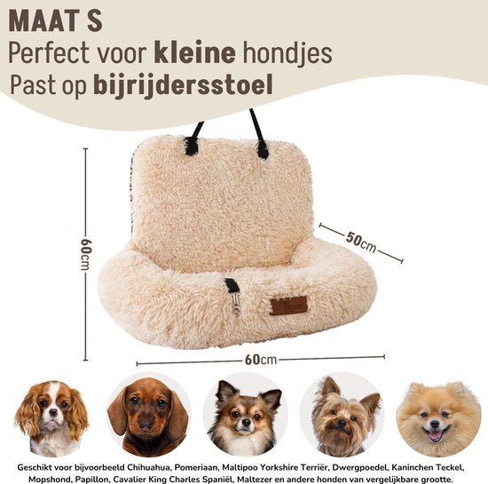 By Cee Cee Autostoel Hond Deluxe - Hondenmand Auto Met Veiligheidsriempje - Automand Hond - Hondenstoel - Autozitje - Beige - Maat S - Puck