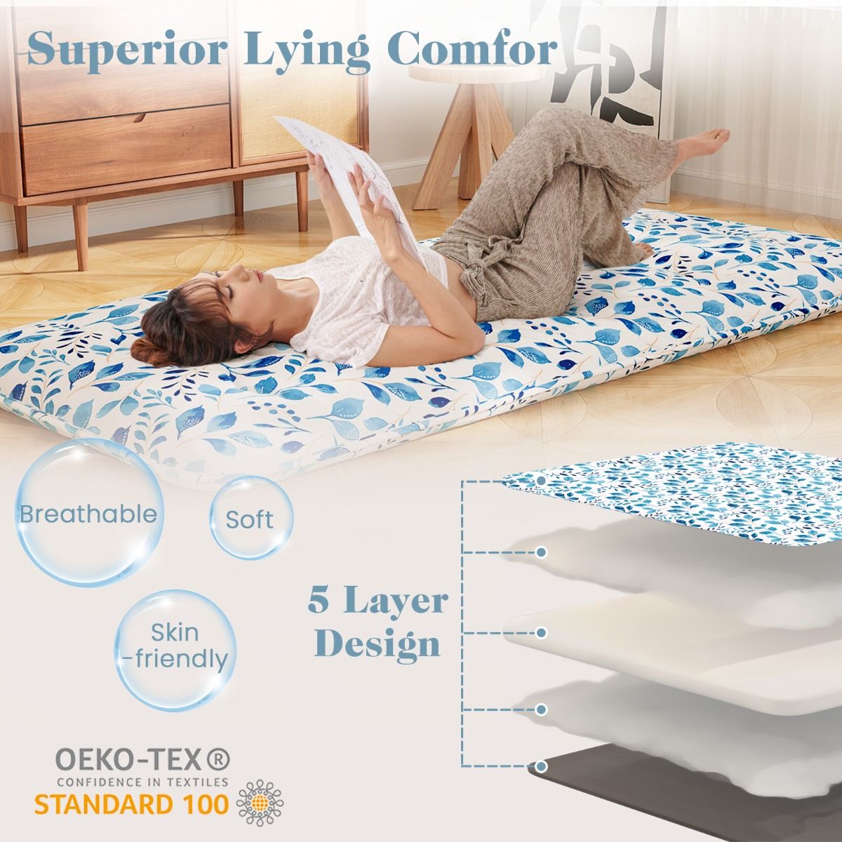 Coast Draagbare Opvouwbare Futon Matras Blauw 90x200 cm – Met Wasbare Hoes en Draagtas