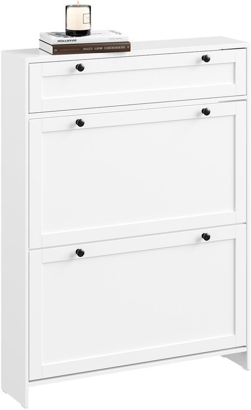 SoBuy – Schoenenkast Met 1 Lade – 80 x 19 x 107 cm & Met 2 Kanteldeuren – Voorzien Van Anti-tip Systeem En Silicone Voetjes – Voor Smalle Gangen En Entrees – Wit Mdf