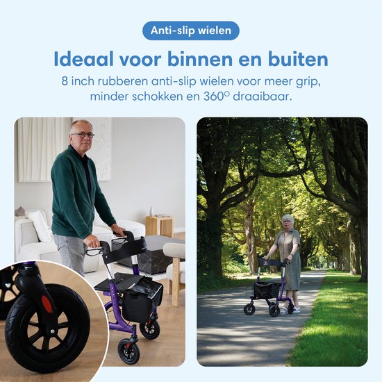 Safe Life® Rollator lichtgewicht en opvouwbaar - Rubberen wielen - zitfunctie - voor binnen en buiten - Rugleuning en wandelstok houder - Paars