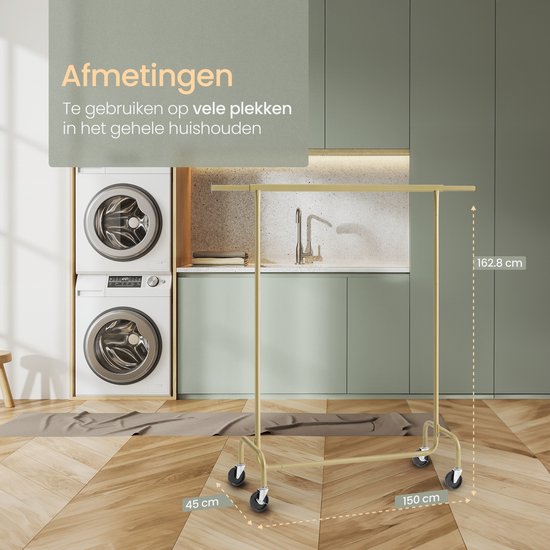 O'DADDY® Kledingrek - Kledingrek op Wieltjes - Kledingrek metaal - Kleding rek - Kledingrekken - Garderoberek - Kledingstang - Kledingrek goud - Uitschuifbare Kledingstang - Verstelbare Hangstang - Stabiel tot 130 kg - Goud