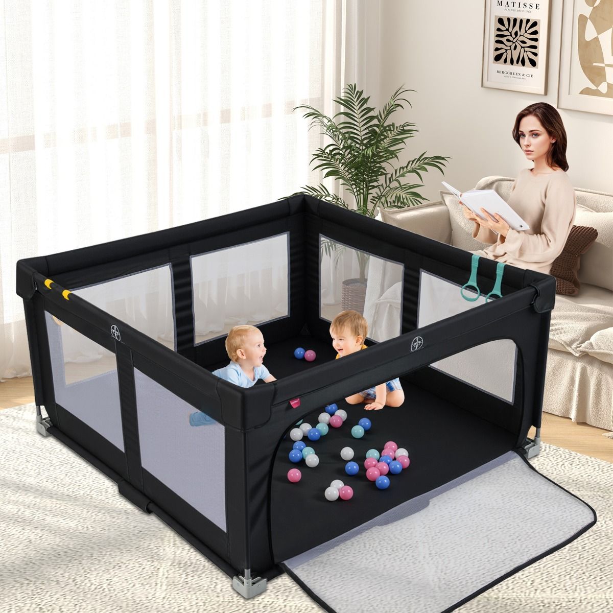 coast Baby Looprek 150 x 150 cm – Opvouwbaar Speelgitter met 50 Ballen, 4 Handgrepen & Ritsdeur – Zwart