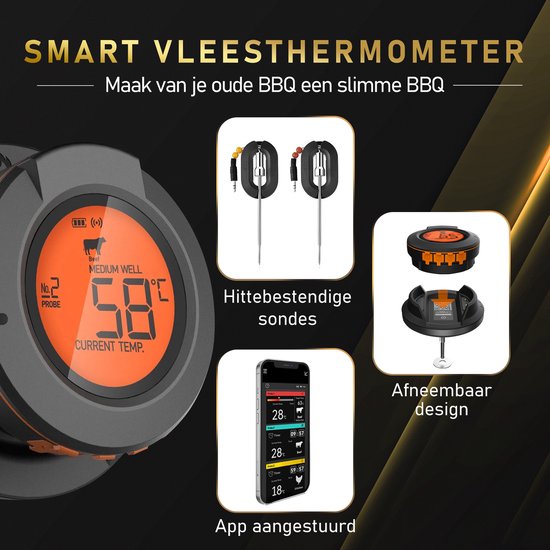 MostEssential AT-02 Vleesthermometer - Slimme BBQ Thermometer - Oventhermometer - Inclusief Bluetooth, App & 2 Meetsondes