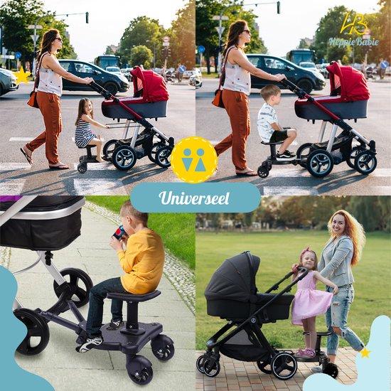 HeppieBabie Universeel Meerijdplankje - Met Zitje - Voor Kinderwagen of Buggy - Buggy Board