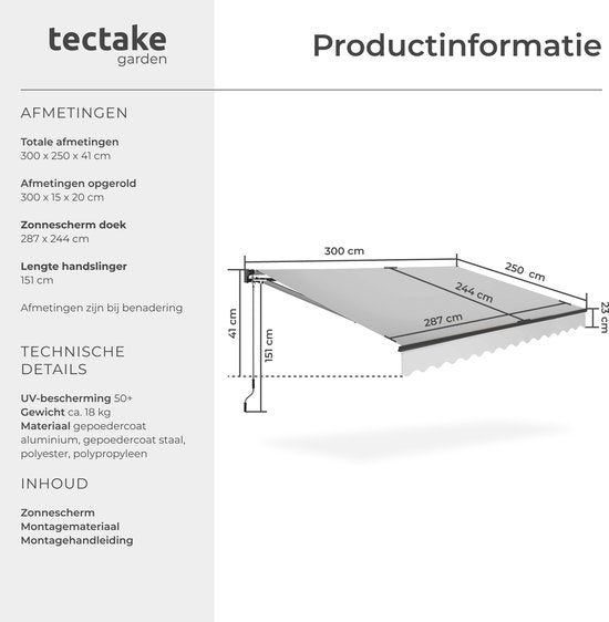 tectake® Zonnescherm met Knikarm - 300 x 250 cm - Zonneluifel - Zonwering voor Raam, Balkon, Buiten - Te Monteren aan Muur - Water- en UV-Bestendig - Lichtgrijs
