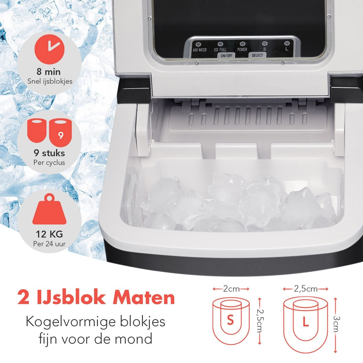 KitchenBrothers IJsblokjesmachine – Incl. IJsschep – 12 kg/24u, 2 liter – 22,2 x 31,3 x 32 cm – Zwart