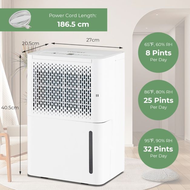 Coast Luchtontvochtiger - Tot 15 m² - 240V - 42 dB - 2.2L Tank - 27 x 20,5 x 40,5 cm - Wit
