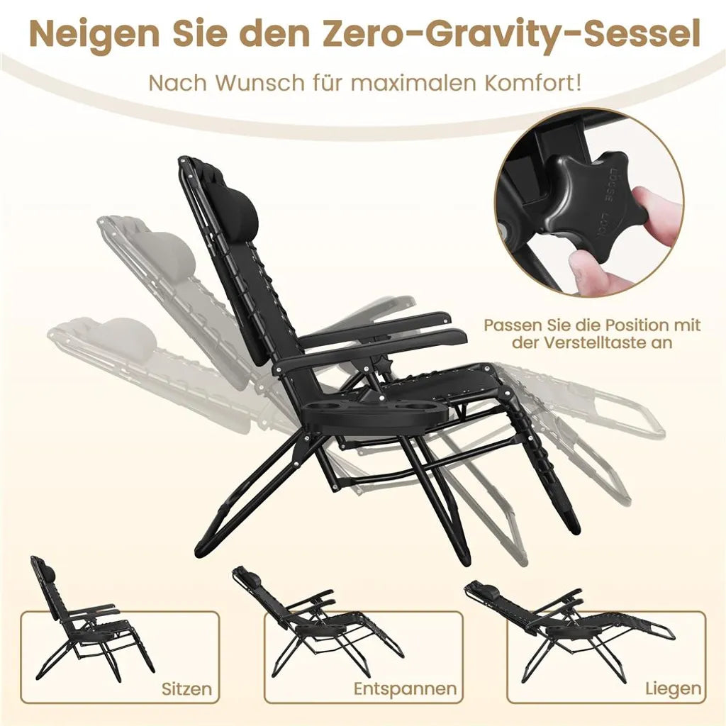 Yaheetech Zero Gravity Ligstoel 166 x 64 x 70 cm - Zonnedak - Nekkussen/Bekerhouder - Zwart