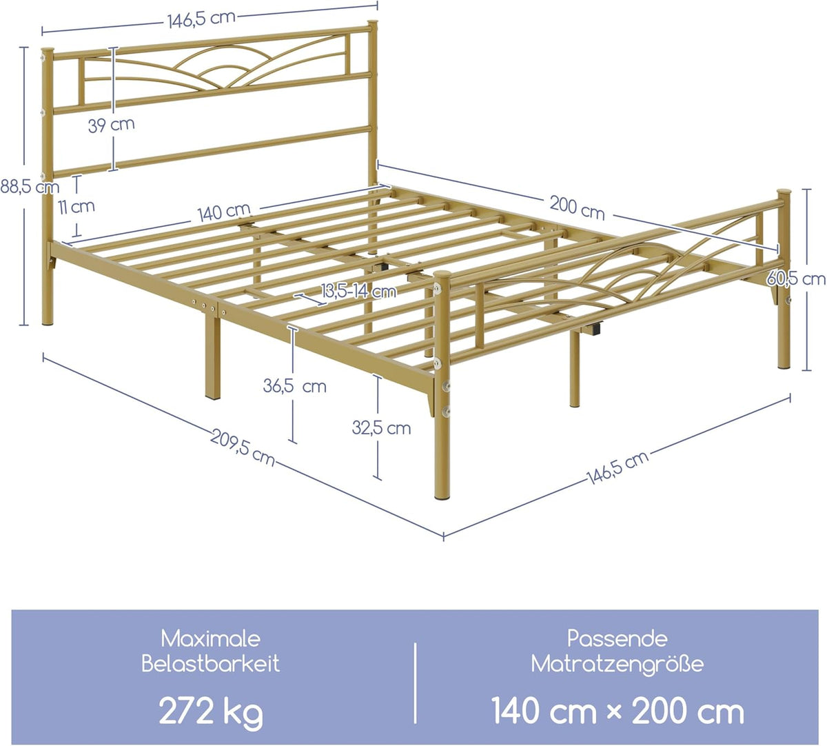 Yaheetech Metalen Bedframe 140 x 200 cm – Antiek Goud – Modern Jeugdbed met Lattenbodem en Ruime Opbergruimte