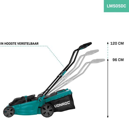 VONROC Accu Grasmaaier – 40V – 38 cm maaibreedte - Vier instelbare maaihoogtes: 35/45/55/65 mm - Incl. 45L Opvangbak - Excl. Accu’s en snellader