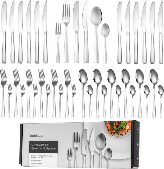 Deleca 6 Persoons Bestekset Essential (36-delig) - Lepels, Messen, Vorken, Steakmessen & Gebaksvorkjes - Vaatwasserbestendig Bestek - Glanzend Zilver / Edelstaal