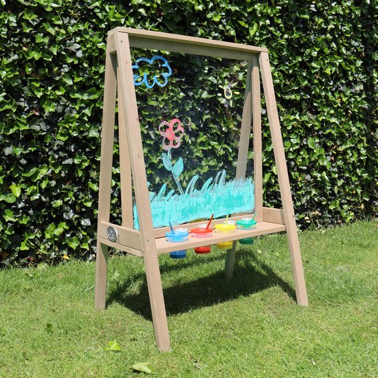 AXI Eric schildersezel van hout in Naturel Bruin - Schildertafel kind voor binnen & buiten met doek van plexiglas & 4 verfpotjes - 50x70x105cm