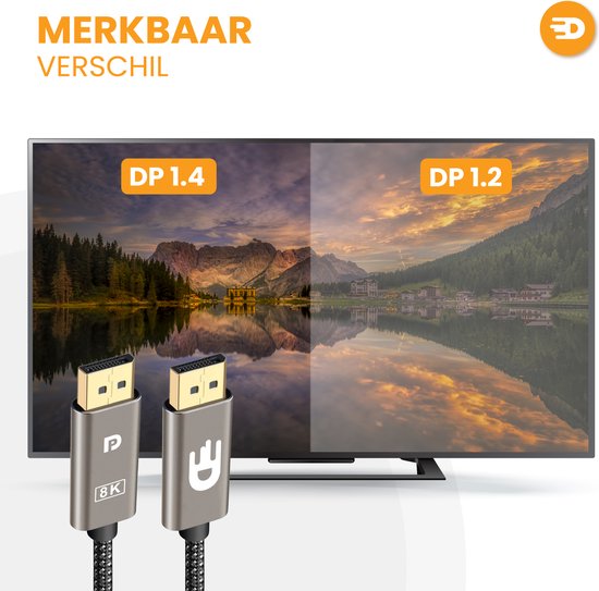 Drivv. Displayport Kabel - 8K 60Hz - 4K 144 Hz - 32.4GBps - Displayport 1.4 - DP Kabel - 2 meter - Modern Grey