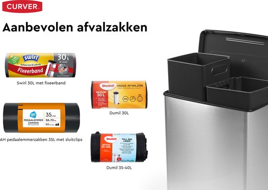 Curver Decobin Duo Prullenbak - 26L+26L - Rechthoekig - Zilver Metallic